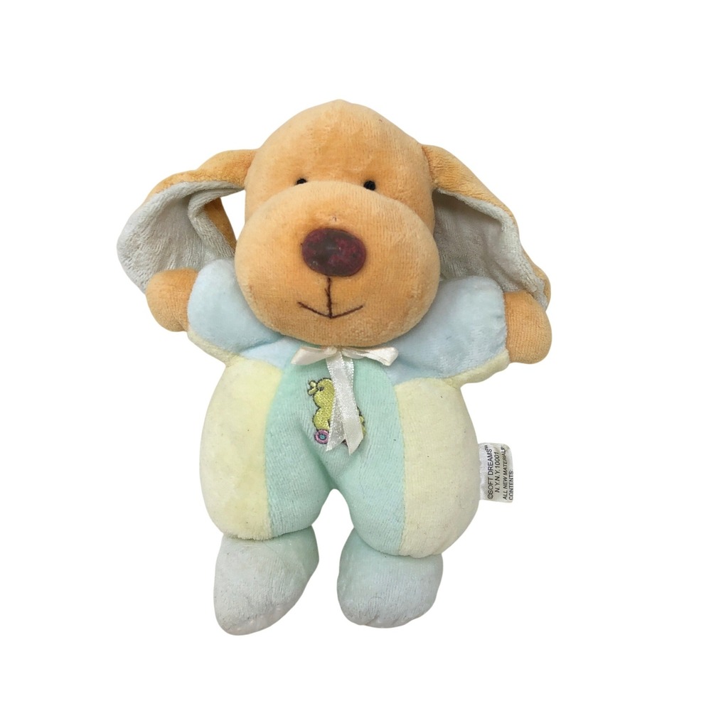 Soft‎ Dreams Plush Puppy Dog Rattle 8" Pastel Blue Yellow Duck Bow Vintage